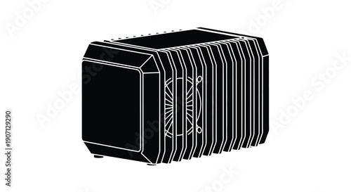 A black and white illustration of a vintage accordion musical instrument