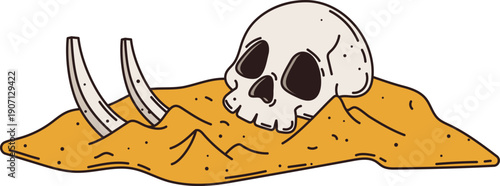Pirate island cartoon human skeleton, treasure map detail. Pirate adventure, treasure hunting vector element. Corsair map constructor and island environment detail with human bones and skull on beach