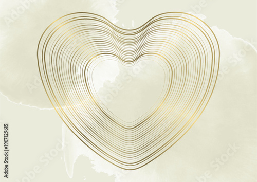 Luxury art deco golden hearts on light yellow grunge blots watercolor background. Greeting card St Valentines Day vector design