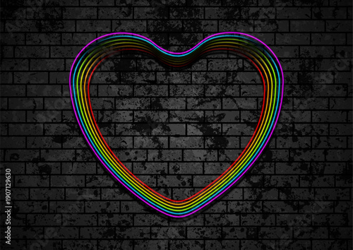 LGBTQ laser hearts on black grunge brick wall. Pride Month abstract neon hearts vector background. Concept vector design with rainbow flag colors