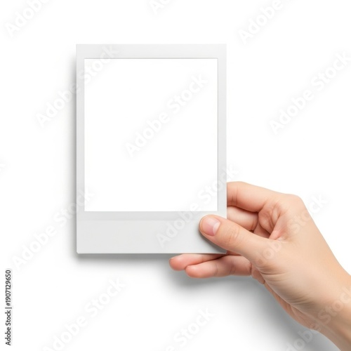 Hand holding polaroid frame, isolated on white background