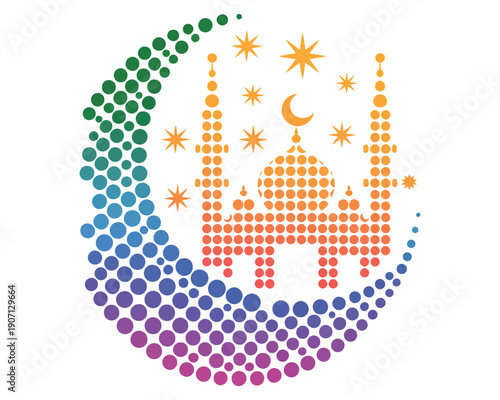 Vibrant rainbow gradient halftone crescent moon enclosing orange mosque silhouette and stars for creative islamic holiday celebration graphics
