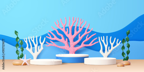 Cosmetic product podium stage with sea corals and seaweed. 3d vector underwater scene with white and pink corals, starfish and rocks against a gradient blue ocean background, marine or product display