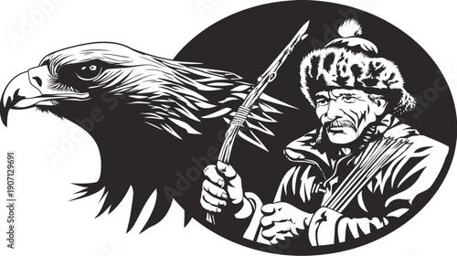 A stark black and white image depicts an eagle's head, and a man in fur hat holding a spear