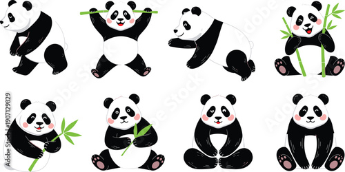 Set of cute panda bear vectors in various poses eating bamboo and sitting for children nursery decor and stationery design projects