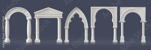 3d stone palace arch, marble castle archway, antique roman column pillars, ancient temple gate, Greek doorway arc. Realistic vector monumental building architecture. Classical antique portal frames
