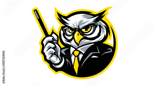 A stylized owl illustration in a suit holds a pointer, with a yellow border