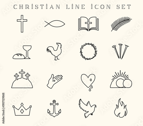Easter Sunday or Holy Gospel line icons set. Christian Holy Week  line icon for church greeting card or web banner for service invitation. Vector illustration