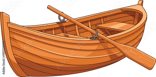 Detailed vector illustration of a traditional wooden rowboat with oars for fishing transportation and lake adventure concepts।