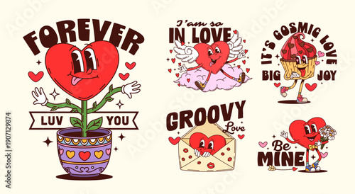 Valentine love heart groovy characters on stickers for love holiday, cartoon vector labels. Valentine day Y2K groovy stickers, love quotes with funky heart on pink cloud and cupcake with freaky smile