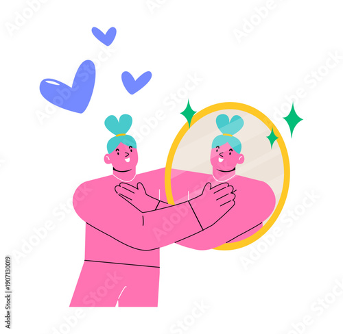 Woman hugs her reflection in the mirror. Concept of self-love and self-acceptance. Colorful vector illustration