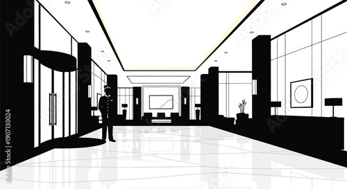 Minimalist interior scene with a security guard and reflective floor