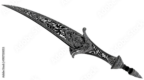 Ornate, curved bladed weapon with intricate designs on the blade and hilt against a white backdrop