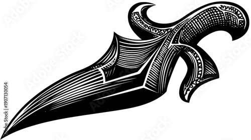 A sharp, stylized dagger illustration in black and white with ornate handle details