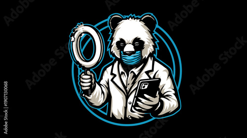 A cartoonish panda, wearing a lab coat and mask, holding a magnifying glass and a smartphone