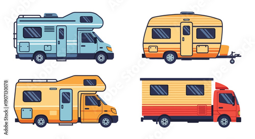 Illustrative set of colorful recreational vehicles and trailers side view
