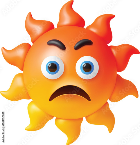 3d sun character, yellow sunny emoji. Vibrant 3d vector sun personage with an angry expression. Playful emoji with bold yellow and orange tones for weather apps, summer memes, or energetic branding
