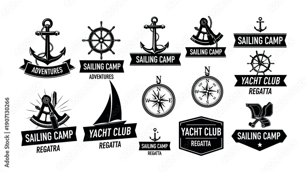 Obraz premium Vintage Sailing Camp and Yacht Club Badge Collection, Classic Maritime Emblems with Anchor, Ship Wheel, Compass and Sextant Silhouettes, Retro Nautical Vector Illustration Isolated on White