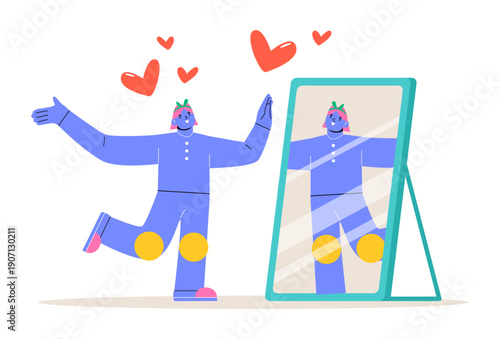 Woman looks at herself in the mirror. Self love and happiness concept. Colorful vector illustration