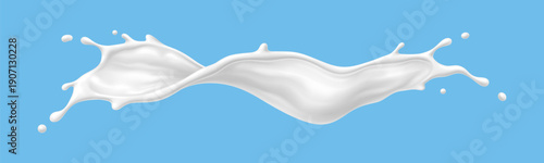 White milk cream or yoghurt wave splash wave flow. Realistic 3d vector dairy drink swirl with drops and splatters. Liquid swirled protein product flow stream. Milky dairy fresh creamy yogurt dessert