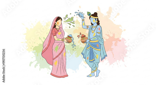 Lord Krishna and Radha celebrating Holi festival with colors traditional Indian illustration for cultural events and festivals isolated on white b