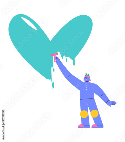 Woman paints huge heart. Colorful vector illustration