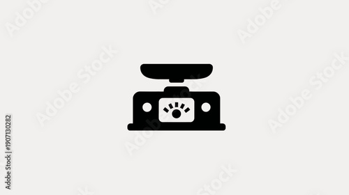 Black graphic depicting a scale, featuring a platform, dial, and base, isolated on a light background