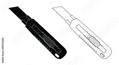 Two utility knives a solid black version and a wireframe rendering