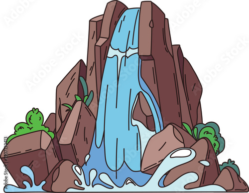 Pirate island cartoon mountain waterfall, treasure map detail. Pirate treasure hunting map constructor detail, piracy island vector environment asset. Corsair adventure object with waterfall cascade