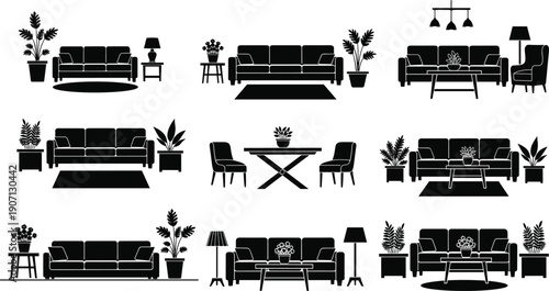 Set of modern living room furniture silhouettes including sofas plants and tables for interior design icons and home floor plan illustrations