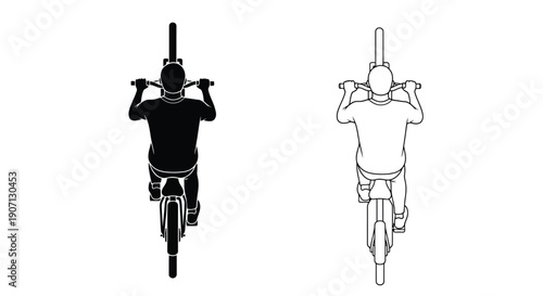 Overhead view of two cyclists one solid black and one white outline