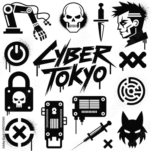 Cyber Tokyo graffiti style design with robotic arm skull dagger syringe wolf head padlock maze symbols futuristic urban cyberpunk artwork