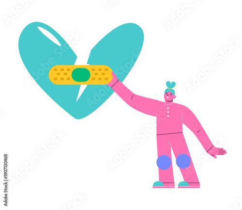 Woman repair hole on the heart by adhesive plaster. Colorful vector illustration