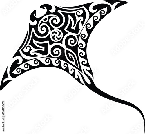 Maori manta ray animal ethnic black tattoo or print. Polynesian tribe abstract print, New Zealand warrior folk symbol. Maori ethnic graphic tattoo