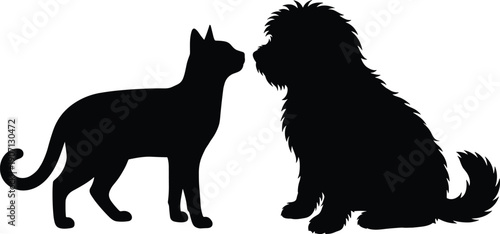 Cat and dog silhouettes facing each other isolated on white background representing pet friendship love companionship illustration minimal animal design