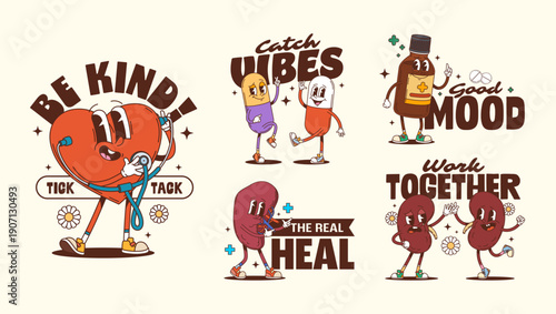 Medicine and healthcare groovy characters stickers and t shirt prints. Retro vector stickers featuring heart with stethoscope, dancing pills, cough syrup bottle, dancing kidneys, and liver