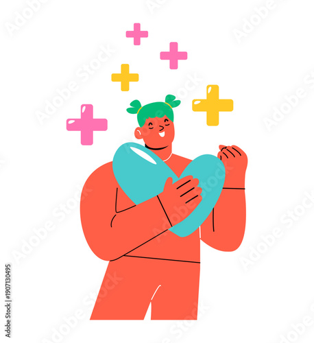 Woman touching her heart with positive emotion. Concept of  self care, confidence. Colorful vector illustration