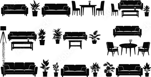 Set of modern home furniture silhouettes with sofas armchairs tables and indoor plants for interior design floor plan illustrations