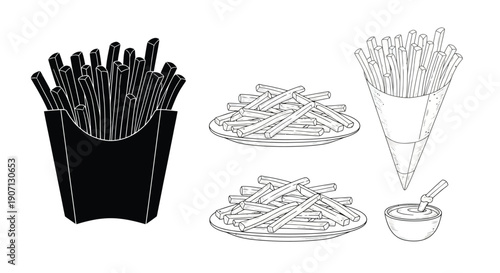 Black and white illustration of french fries in various presentations