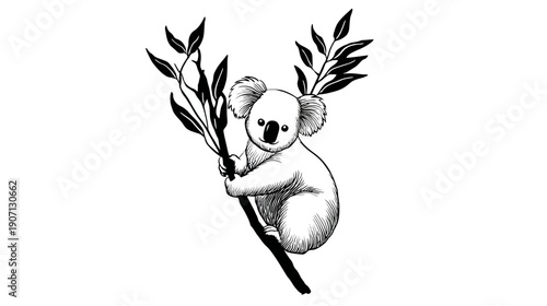 A black and white illustration of a koala bear clinging to a branch with leaves