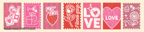 Hand-Drawn Valentine Stamp Graphics: Romantic Pink Pencil Sketches for DIY Cards and Digital Crafts