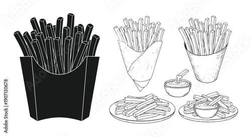 Illustration of french fries in various presentations and with dipping sauce