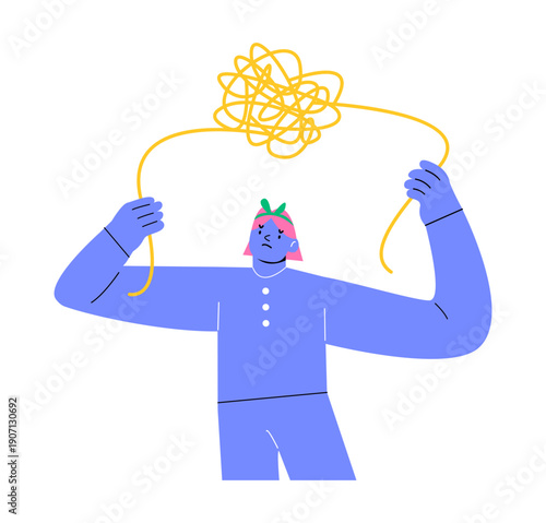 Woman with tangled thread above. Mental health and psychological problems concept. Colorful vector illustration
