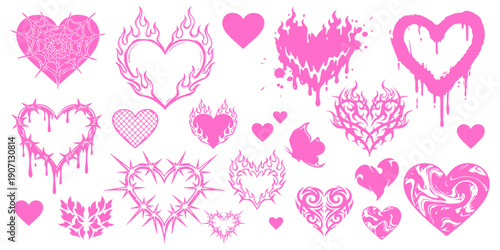 Collection of diverse pink grunge and graffiti style heart illustrations with drip effects and flame motifs, perfect for edgy designs