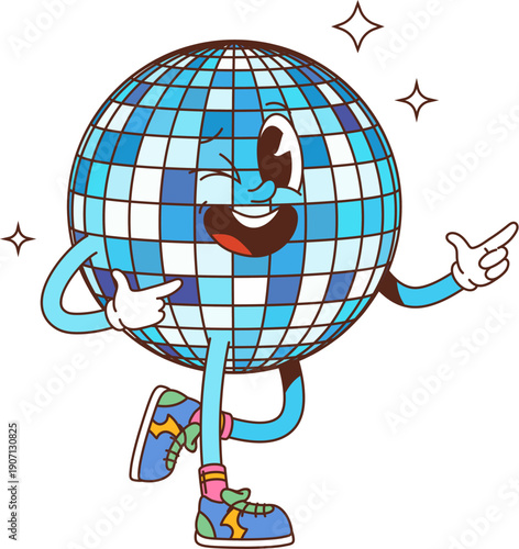 Groovy disco ball character. Retro cartoon discoball wearing old school sneakers, posing with cheerful smile and pointing hands. Isolated vector personage light up dance floor, exuding y2k party vibes