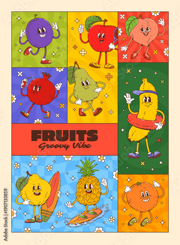 Tropical fruits groovy character poster collage. Cheerful cartoon pineapple, pear, banana, apple, orange, lemon, plum, peach, and pomegranate fruit personages. Vector funky vibrant y2k vibe background