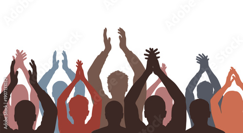 A diverse group of people raising their hands in applause or celebration
