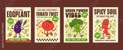Funky ripe vegetables groovy hippie characters posters. Vibrant 1970s posters with dancing, and sporty vegetable personages. Retro vector eggplant, tomato, broccoli, and red hot pepper for kitchen