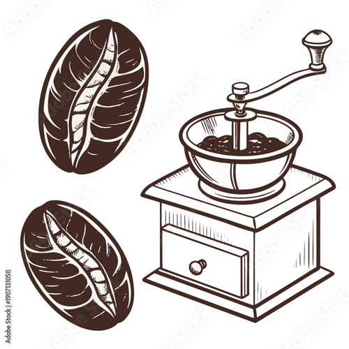 Coffee bean and grinder, vector, transparent background

