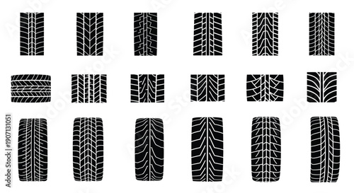 Collection of diverse tire tread patterns in black and white